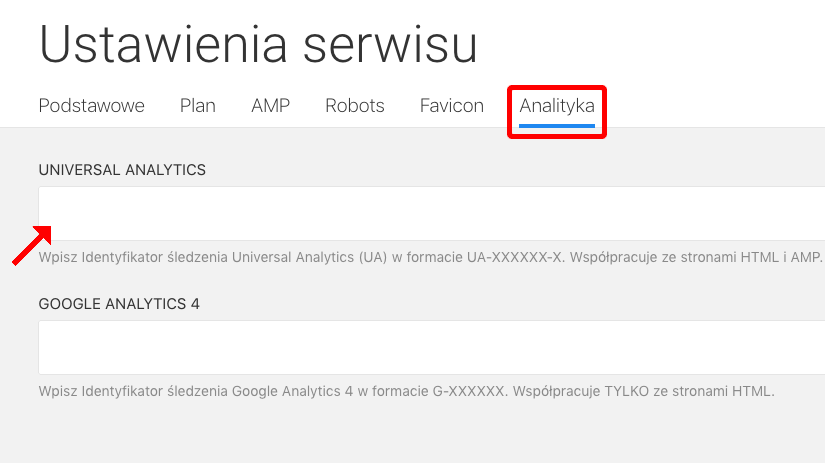 ustawienia witryny universal analytics